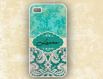 Iphone 4 case, Tiffany blue and teal grunge damask monogram Iphone 4s cover (9697)