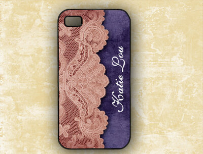 Pink lace blue denim monogram Iphone 4 case 4s cover, personalized cell phone case (9640)