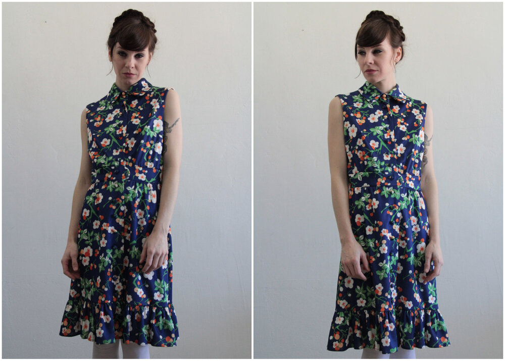 Vintage Navy Floral Dress . 1960s Frill Trim . Button Down . Mod Summer Wear