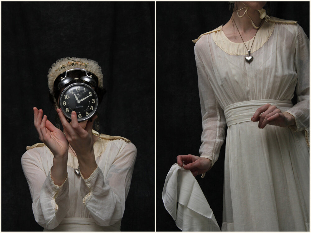 Antique Wedding Gown & Head Piece . White Cotton . 1910s . Early 1900s . Edwardian Dress