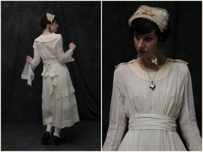 Antique Wedding Gown & Head Piece . White Cotton . 1910s . Early 1900s . Edwardian Dress、