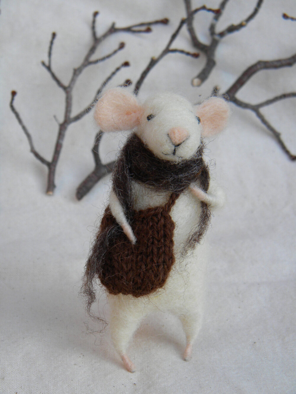 My dear romantic mouse with bag and felted scarf - needle felted ornament animal, felting dreams by johana molina