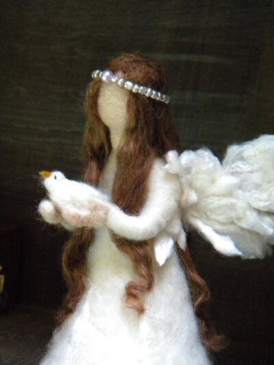 Angel and bird- Needle Felted Angel Doll 14cm for your christmas nativity, for a so special gift to your loves one