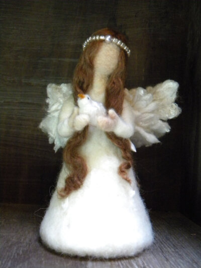 Angel and bird- Needle Felted Angel Doll 14cm for your christmas nativity, for a so special gift to your loves one