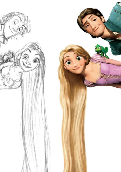 Tangled (2010) concept sketch by Glen Keane in comparison to final design