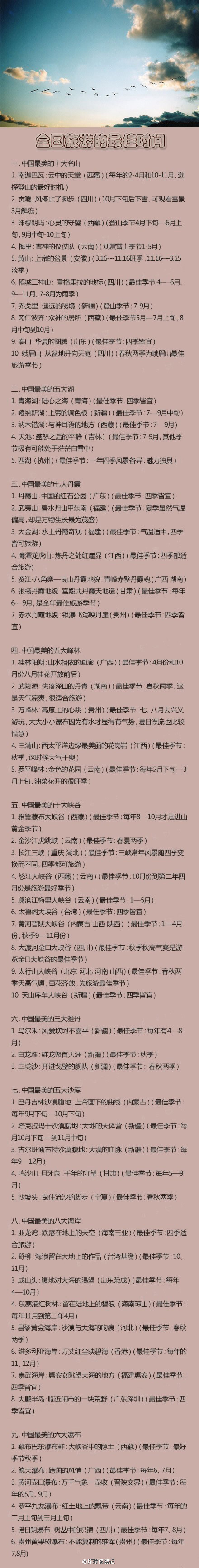 全国旅游最佳的时间，整理推荐！！