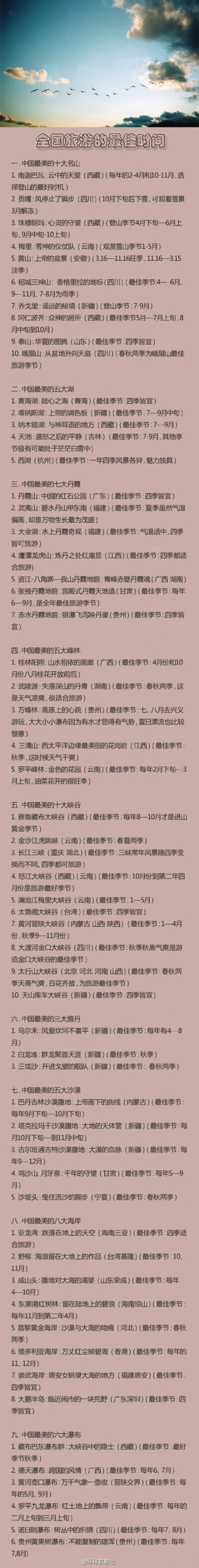 全国旅游最佳的时间，整理推荐！！