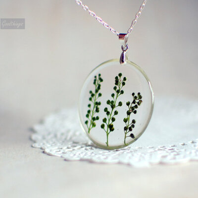 Botanical Green Spring Twigs Necklace - Round Transparent Pendant- Nature lover gift