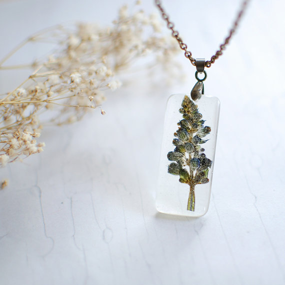 Pressed flower - Natural specimen transparent resin pendant - gardener gift