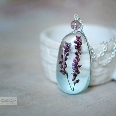 Botanical Floral pendant - Transparent Pink Blue Stalks - Pressed flowers