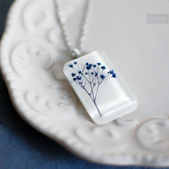 Pressed flower botanical resin jewelry - Real Baby Breath Flowers-unique one of a kind handmade nature inspired