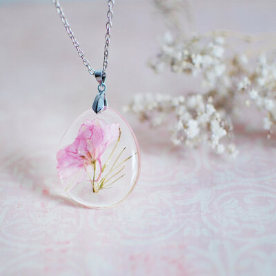 Pressed flower pink blossom floral necklace, flower jewelry