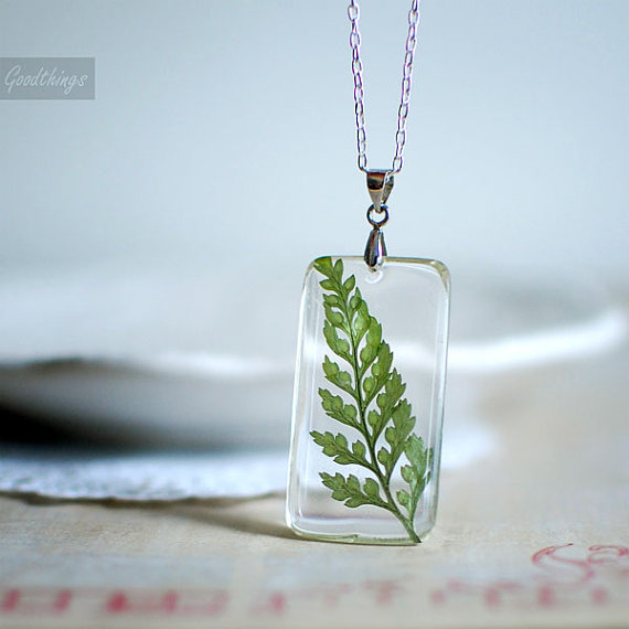 Woodland Green Fern Botanical Transparent Necklace - Nature lover gift one of a kind unique