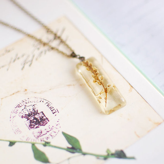 Pressed flower botanical necklace -Silver Lace-handmade resin jewelry