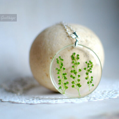 Botanical Green Spring Twigs Necklace - Round Transparent Pendant- Nature lover gift