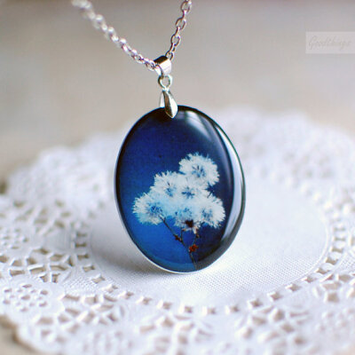 Navy Blue Oval Photo Pendant - Fuzzy Flowers - original photography one of a kind unique