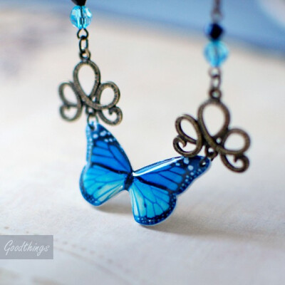 Aqua Blue Butterfly Bronze Necklace - Vintage Style one of a kind unique