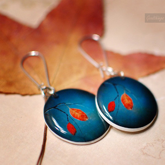 Colorful Autumn Dangle Earrings - botanical jewelry original photography one of a kind unique