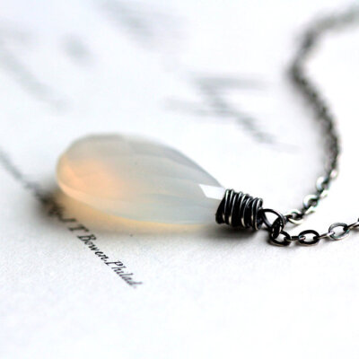 White Gemstone Necklace Wire Wrapped Chalcedony on Oxidized Sterling Silver Chain - Aura