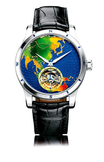 环球冒险家 Jaeger-LeCoultre（ 积家）Master GrandTourbillon Continents陀飞轮腕表 收藏看点 蓝色透明彩釉覆盖下的微雕波浪