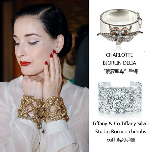 蒂塔·万提斯（Dita Von Teese）出席Michael Schmidt在美国加利福尼亚州银湖举办的非公开新时装展示会，Michael Schmidt洛可可风手镯搭配丝质柔软的白衬衫，配以玫瑰红唇色衬托出白皙可人的肤色，举止间透漏出女皇般的气息。