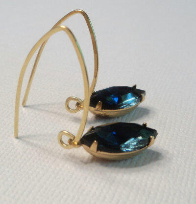 Vintage sapphire blue glass marquise crystals rhinestones on artisan brass ear wires earrings