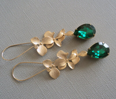 Gold orchid flowers and emerald green vintage acrylic tear shaped drops on gold kidney wire earrings. Bridal. Glamorous.