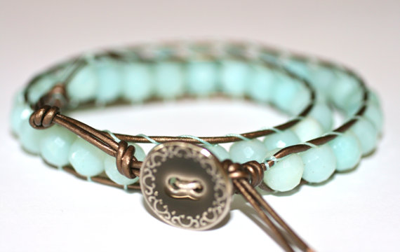 Amazonite Gemstone Double Leather Wrap Handmade Bracelet