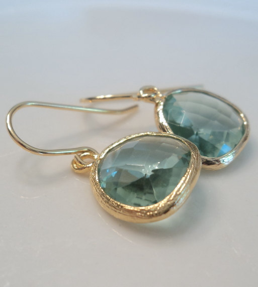 Soft green prasiolite glass and gold dangle earrings. French wires. Everyday. Bridal. Simple and Gorgeous.