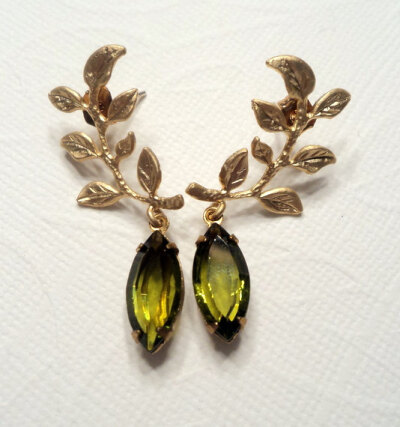 Gold leaf branches with vintage olive green marquise glass crystal drop earrings