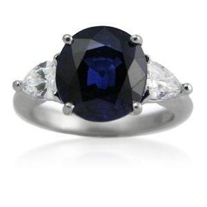 Diamond & Blue Ceylon Sapphire 3 Stone 18k White Gold Right Hand Ring