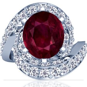 18K White Gold Oval Cut Ruby Ring With Sidestones