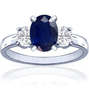 18K White Gold Oval Cut Blue Sapphire Three Stone Ring