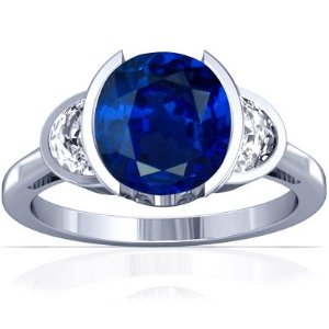 18K White Gold Oval Cut Blue Sapphire Three Stone Ring