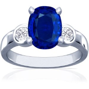 18K White Gold Oval Cut Blue Sapphire Three Stone Ring