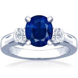 18K White Gold Oval Cut Blue Sapphire Three Stone Ring