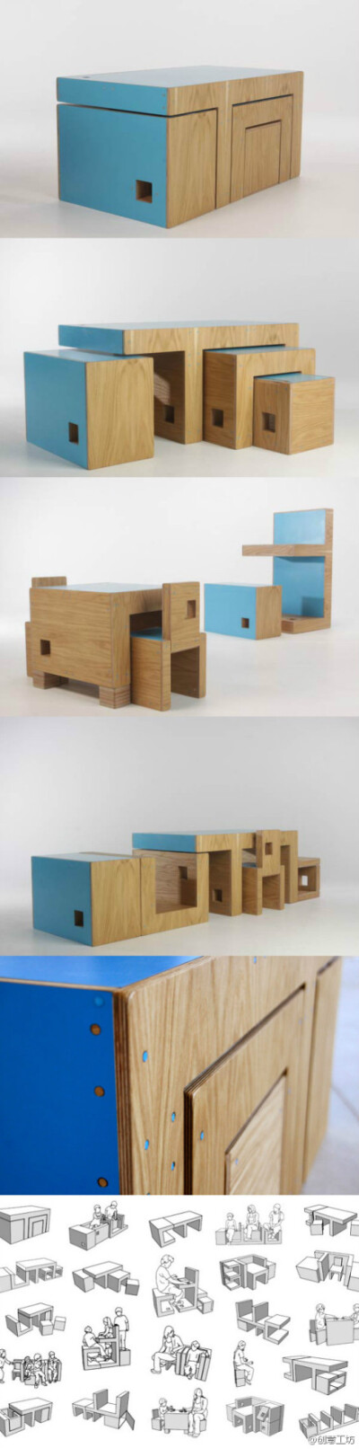【万能家居ReStyle】来自设计师James Howlett的作品。它可以变成一组紧凑的咖啡桌；它可以变成两张桌子和两把椅子；它能变成一张桌子；一个座位和一个书架；它能变成孩子的餐桌；它能变成一个电视柜；它能用来存储物…