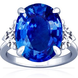 18K White Gold Oval Cut Blue Sapphire Three Stone Ring