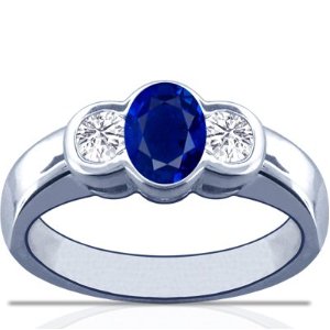 18K White Gold Oval Cut Blue Sapphire Three Stone Ring