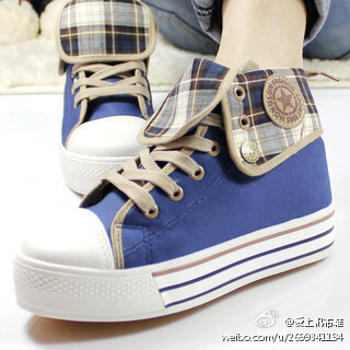 格纹翻边厚底帆布鞋~~