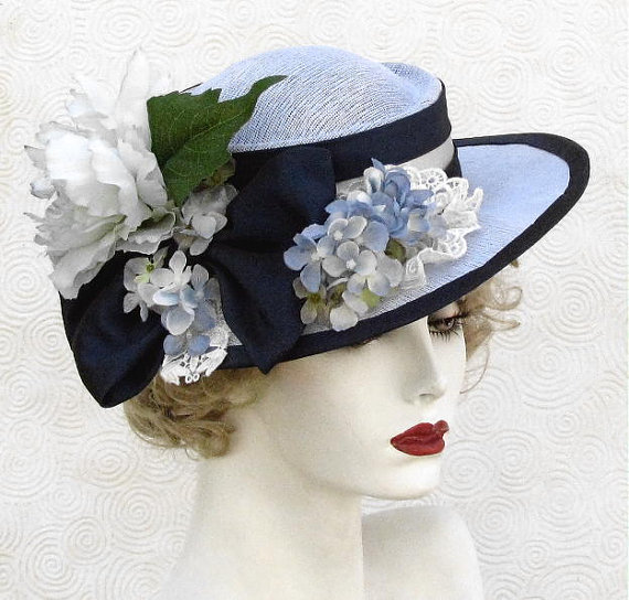 Summer Shabby Chic Hat Flowers and Lace in Country Blue