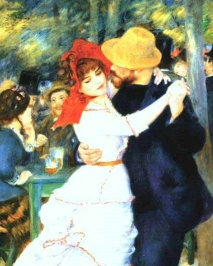 印象主义 法国 雷诺阿 Pierre-Auguste Renoir 1841—1919《布吉瓦的舞会》1883年 藏波士顿美术博物馆。印象派中雷诺瓦的特色在于描绘迷人的感觉，他的艺术始终给人一种明朗、美丽、淡淡的暖意，让人们看到生活的快乐和甜美的一面。他曾说过：“为什么艺术不能是美的呢？世界上丑恶的事已经够多的了。”