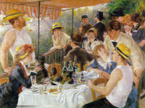 印象主义 法国 雷诺阿 Pierre-Auguste Renoir 1841—1919 《游艇上的午餐》Luncheon of the Boating Party 1881年 藏华盛顿飞利浦收藏馆。画面上姣好的女人、美酒、山光水色、文雅的游戏和俏皮的谈话，表现了优雅的巴黎生活魅力。