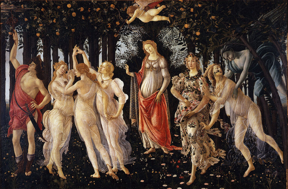 波提切利 Sandro Botticelli 佛罗伦萨 1445-1510《春》1477年 藏佛罗伦萨乌菲兹美术馆(Uffizi)。维纳斯漫步在月光下，如皇后般庄严，如春风般和煦，她走过的路上，万物萌发，鲜花盛开。画面右上方是风神，他拥抱着春神，春神又拥着花神，被鲜花装点的花神向大地撒着鲜花；画面中间立着女神维纳斯，在她头顶处飞翔着手执爱情之箭的小爱神丘比特；维纳斯的右手边是三美神（象征“华美”、“贞淑”和“欢悦”）手拉手翩翩起舞，画面的左方是主神宙斯特使墨丘利，他有一双飞毛腿，手执伏着双蛇的和平之杖，他的手势所到，即刻驱散冬天的阴霾，春天降临大地，百花齐放。这是描绘大地回春，欢乐愉快的主题。