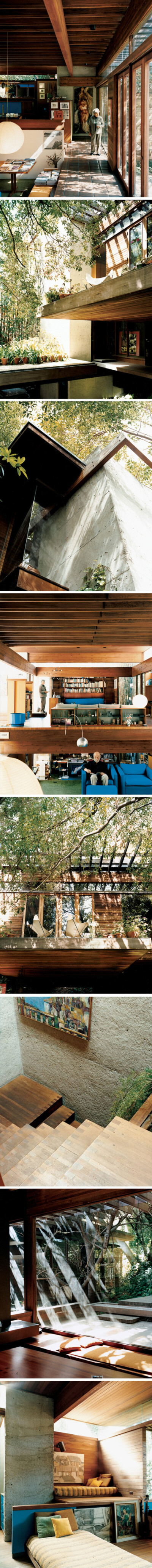 建筑师Ray Kappe的自宅建于1965年，位于美国加州Pacific Palisades市的峡谷中。内部空间自由流动，阳光经过周边树林的过滤后通过天窗，角窗照进室内，感觉温暖而宽敞。这栋住宅是最能体现Ray Kappe建筑思想的代表作…
