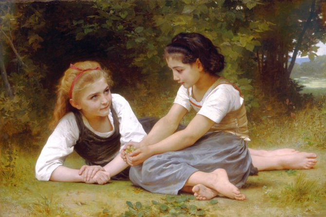 William Bouguereau~欣賞他對女人的細膩描繪~畫中充滿無限愛與溫暖。。。讓人溫馨~此畫~姐妹之情，田園~草地~如此令我嚮往~