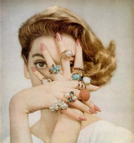 Carmen Dell’Orefice models 1950s ring fashions