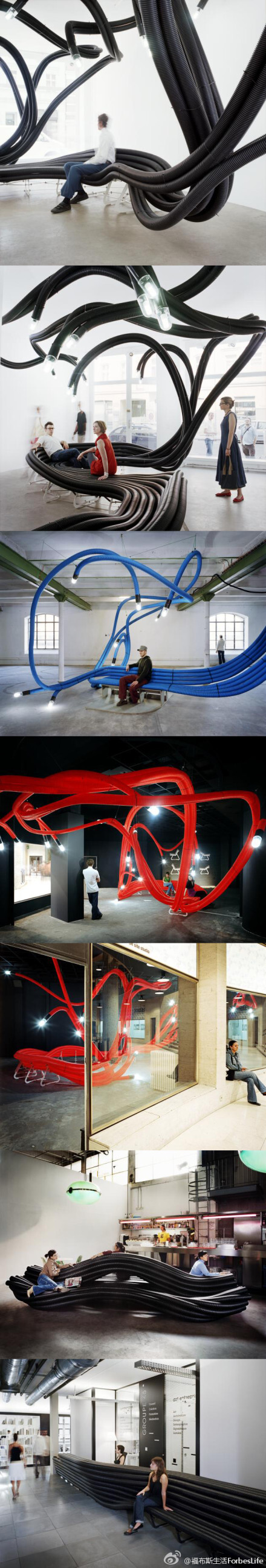 【波纹管长板凳】这款比利时工业设计师Sebastien Wierinck设计的雕塑家具，它们的材料是可弯曲的聚乙烯管子。这些超现代的塑料座椅往往能挑战着人们的视觉，弯曲的波纹管从地面延伸到天花板或各个角落，让空间变得生动有趣。