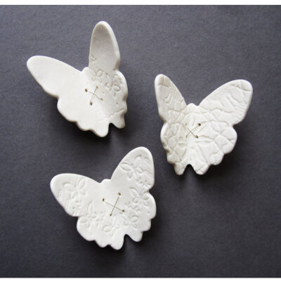 White porcelain wall art sculpture Flutter Set of three lace wing butterflies with antique embroidery details and sterling silver wire