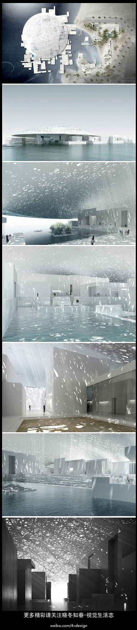 沙漠中的水上博物馆】法国建筑师让·努维尔（Jean Nouvel）在阿联酋首都阿布扎比的Saadiyat岛文化区设计了一座古典艺术博物馆--“沙漠上的卢浮宫”，用来展示从卢浮宫借出的藏品。这个水上的白色城堡在阳光下星星点点…